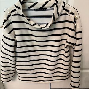 Zara Black and White Striped Top with Pearl Accents